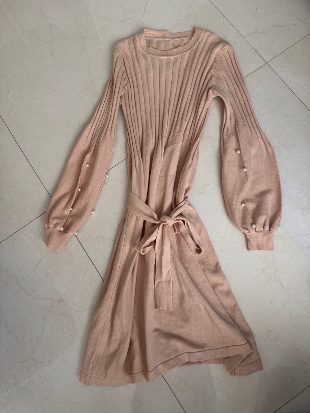 SHEIN Blush Pink Ribbed Knit Long-Sleeve Belted Dress